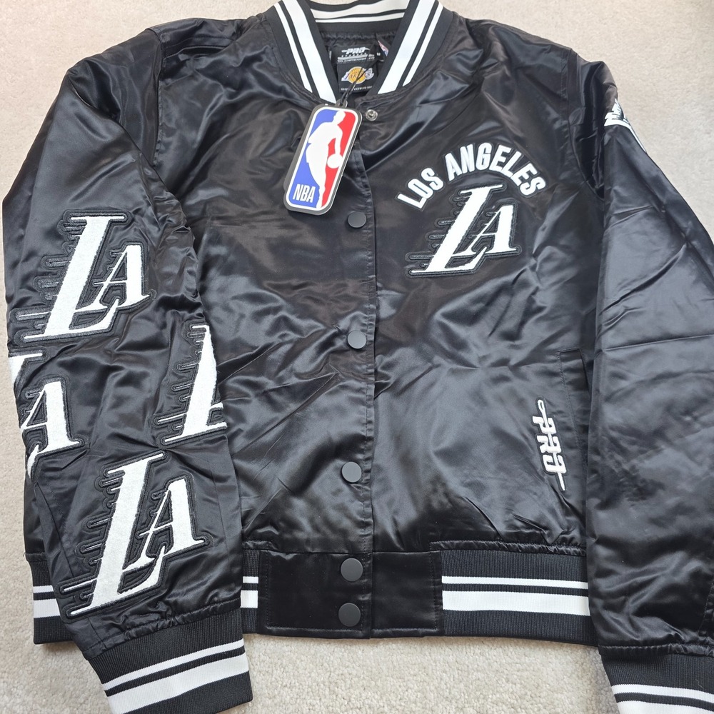 Los Angeles Lakers Jacket Womens M Blk Pro Standard NBA Satin Ribbed Bomber NWT
